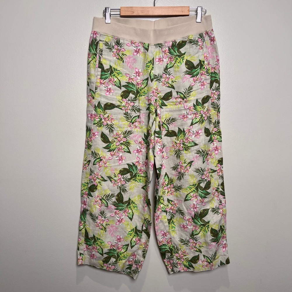 J. Jill Love Linen Pants Womens SMALL Beige Floral Tropical Wide Leg EUC